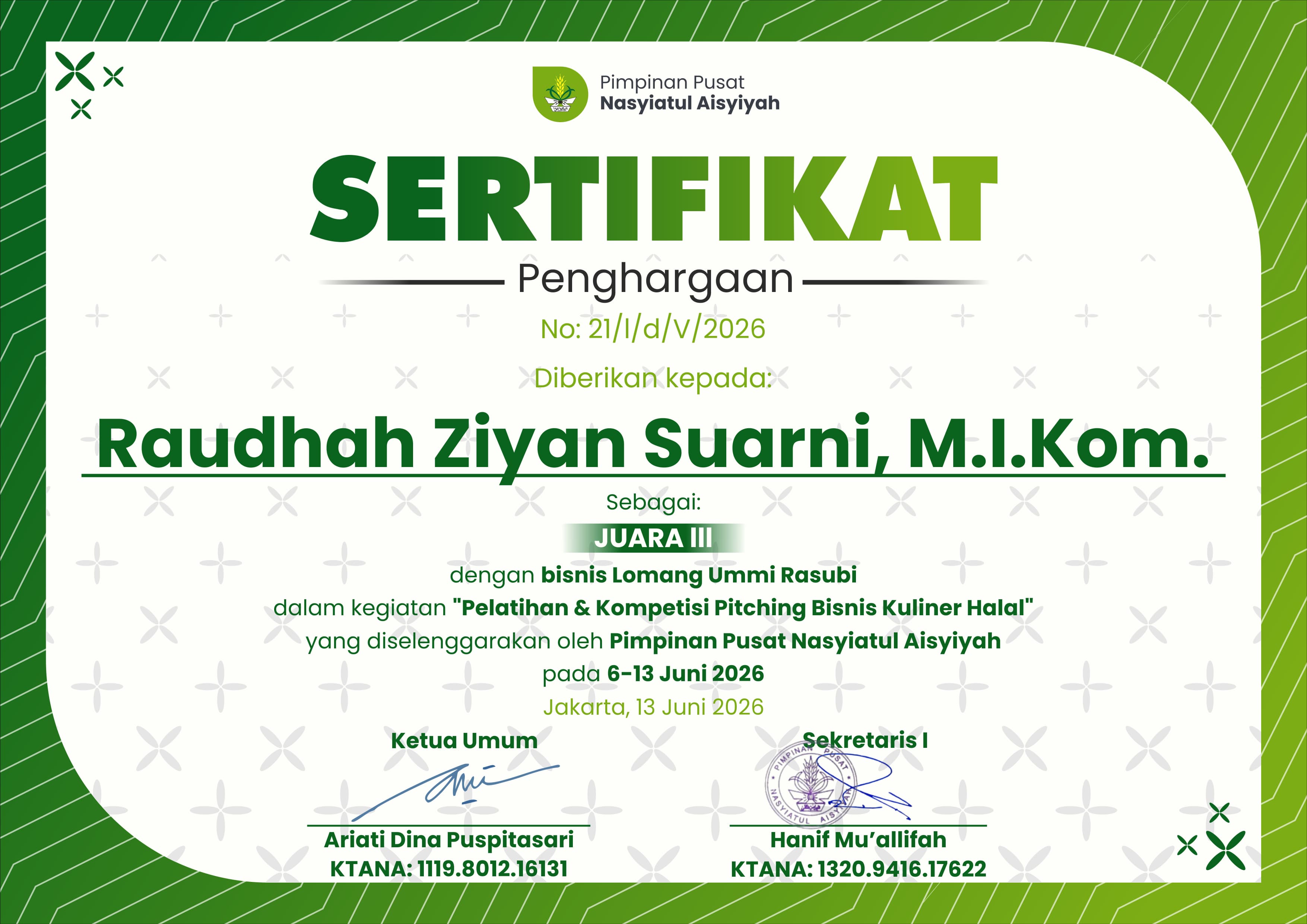JUARA 3 KOMPETISI PITCHING BISNIS KULINER HALAL PP NASYIATUL AISYIYAH & BI 2026